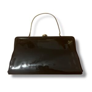Vintage Debbie Jerome Black Patent Clutch with Rhinestone Clasp